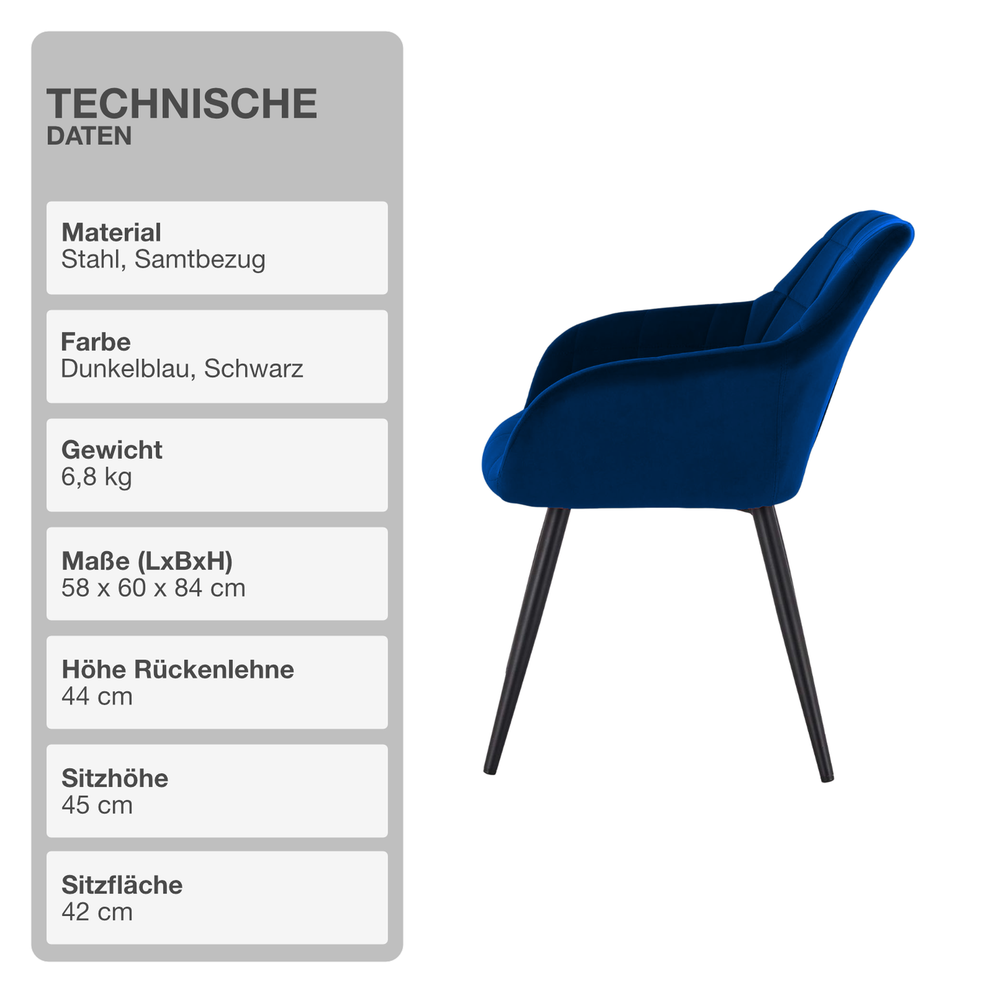 Wohn- und Esszimmerstuhl | 2 Stück | Mikrofaser | Samt | Dunkelblau | Sessel