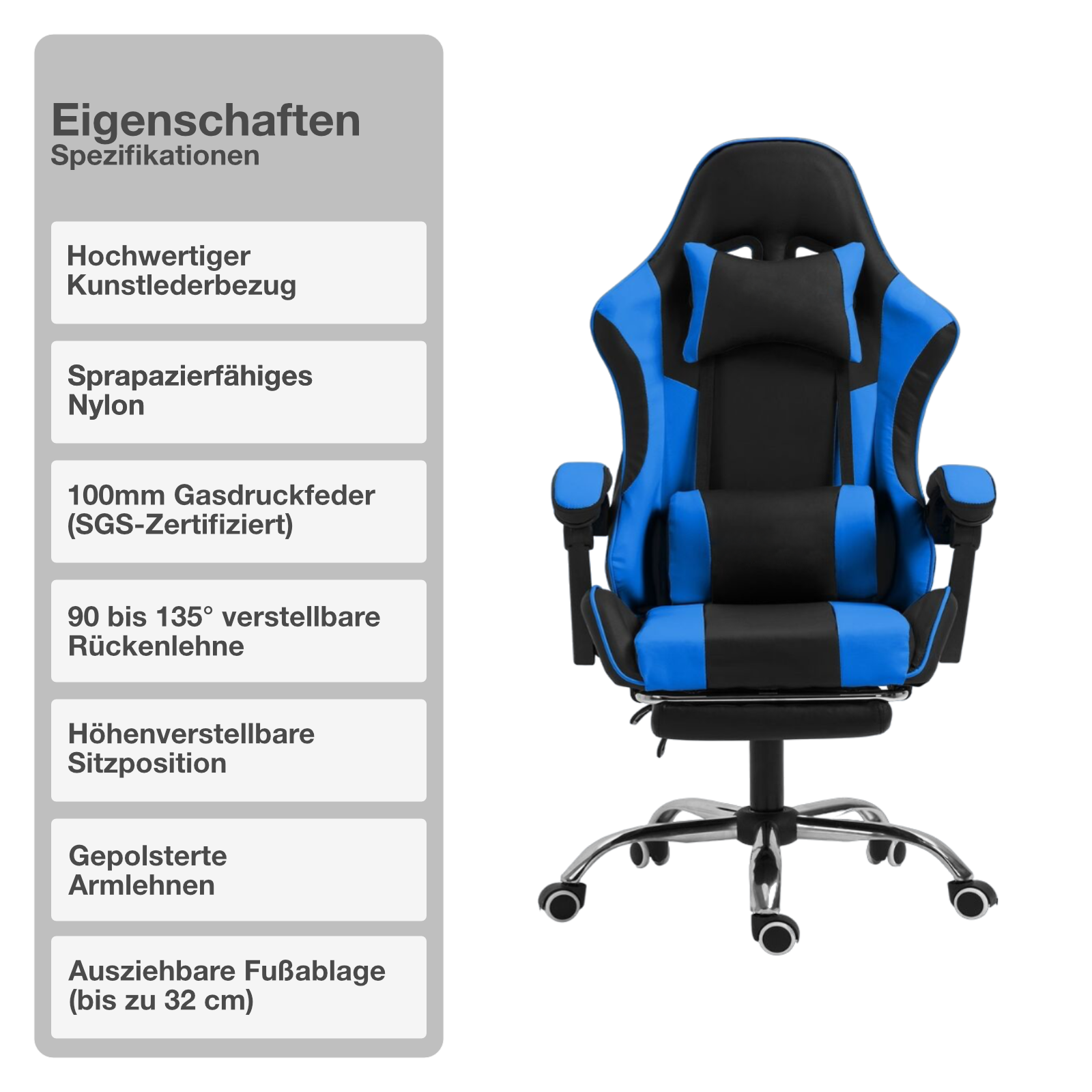 Gaming-Stuhl | Kunstleder | Blau | 62x62cm | Rollen | Sessel | Fußablage