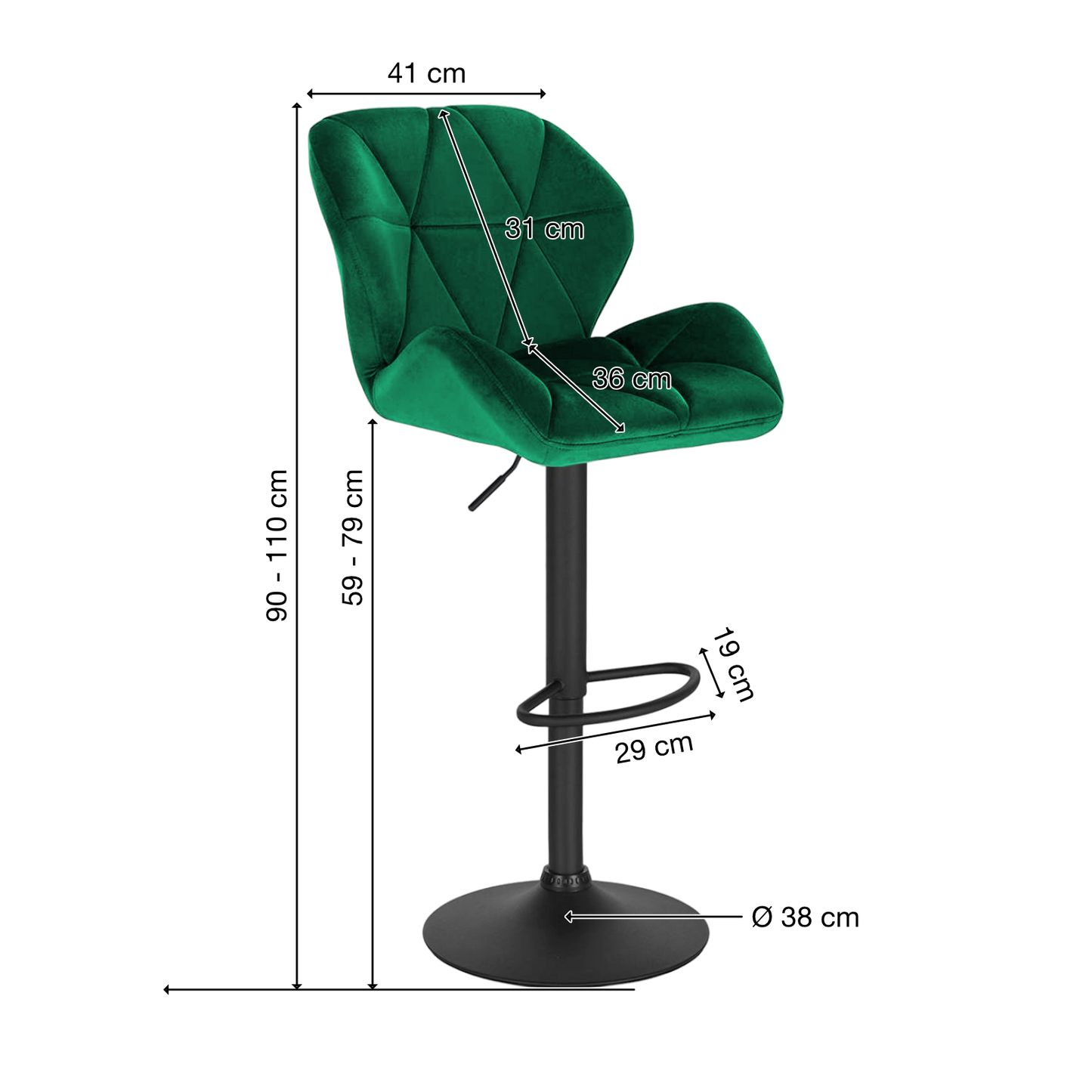 Barhocker | 2 Stück | Dunkelgrün | Samtbezug | Drehbar | Höhenverstellbar