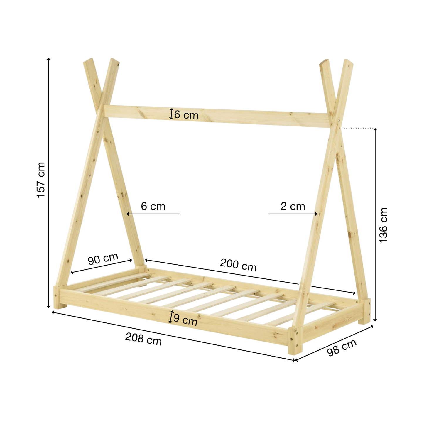 Kinderbett | Holz | Natur | 90x200cm | Tipi | Holzbett | mit Lattenrost