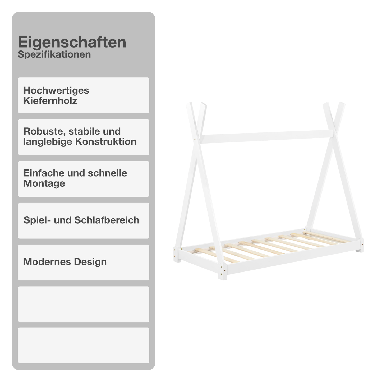 Kinderbett | Holz | Weiß | 70x140cm | Tipi | Holzbett | mit Lattenrost