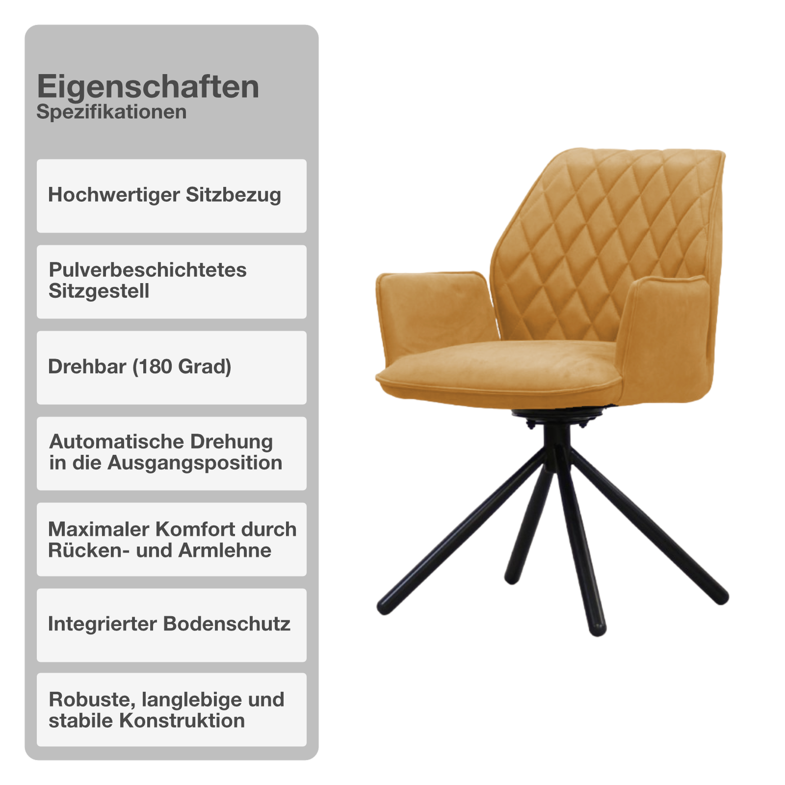 Wohn- und Esszimmerstuhl | Samt | Senfgelb | 180 Grad | Drehbar | Sessel