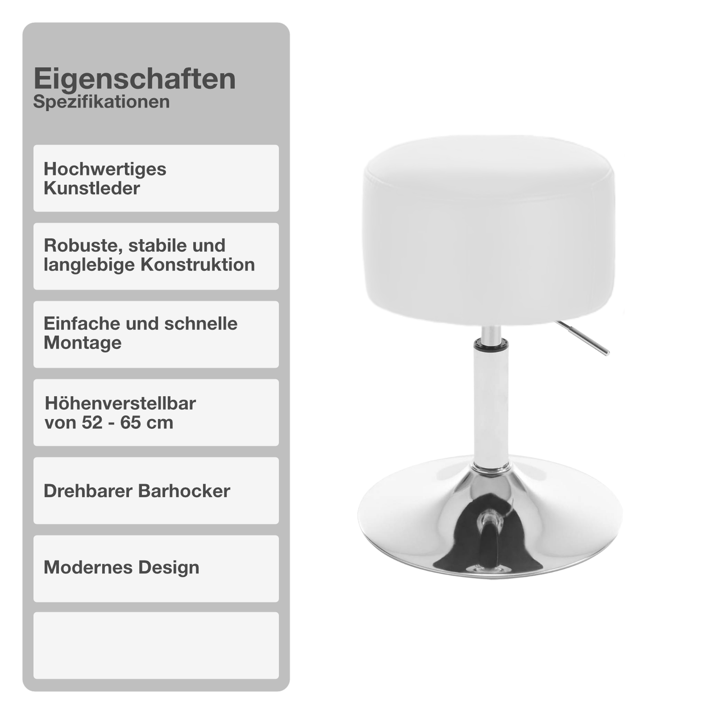 Barhocker | Kunstleder | Weiß | ø 33cm | Drehbar | Höhenverstellbar