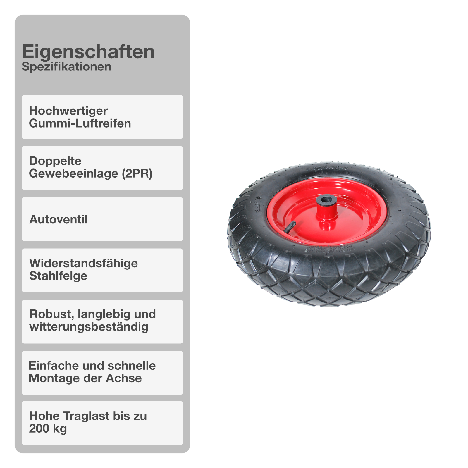 Schubkarrenrad mit Achse | Luftbereift 2PR | Rot | 4.80/4.00-8 | Ersatzreifen