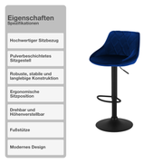 Barhocker | 2 Stück | Samtbezug | Dunkelblau | Drehbar | Höhenverstellbar