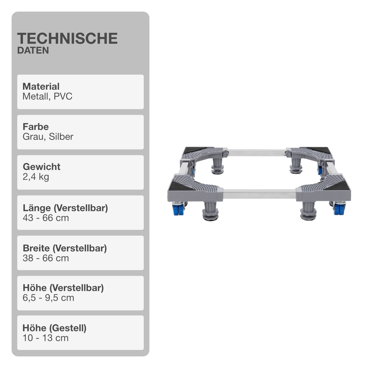 Untergestell für Waschmaschine | Höhenverstellbar | mit Rollen | 43-66cm