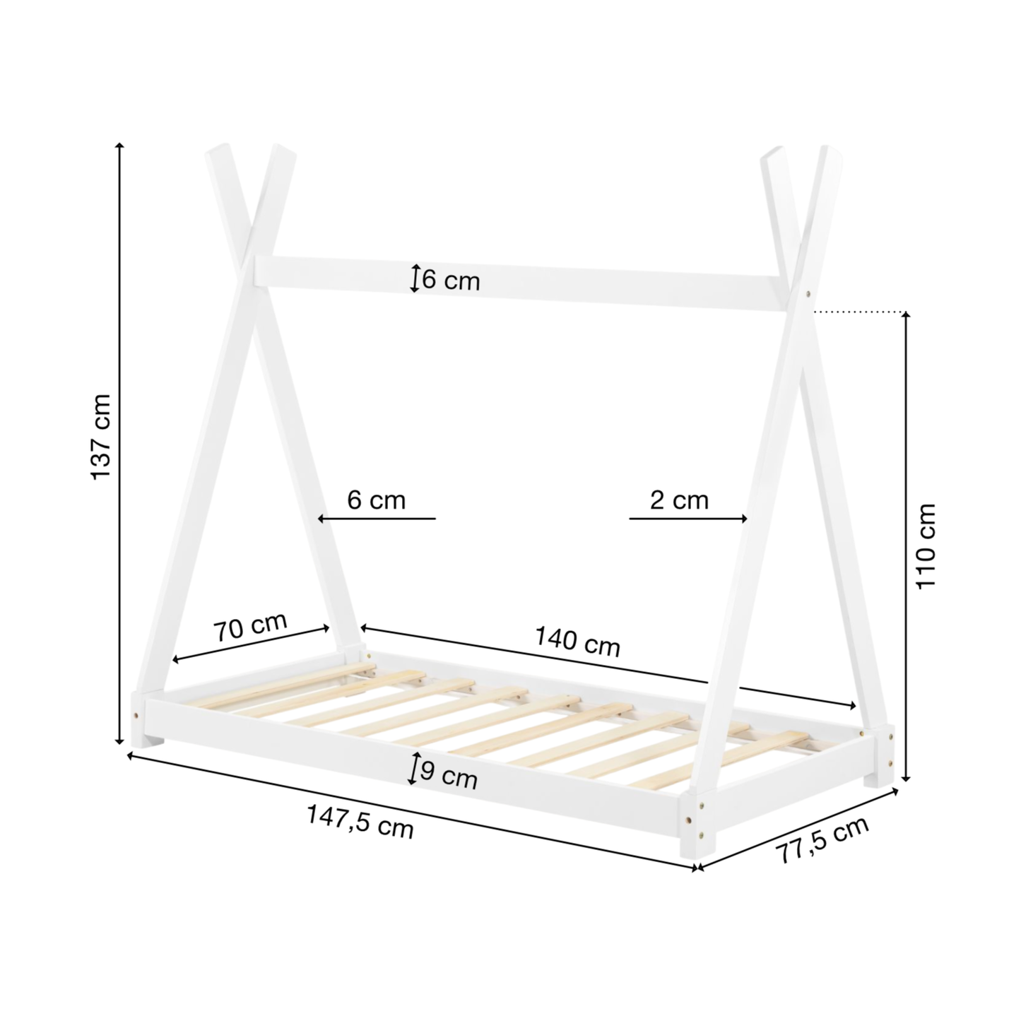 Kinderbett | Holz | Weiß | 70x140cm | Tipi | Holzbett | mit Lattenrost