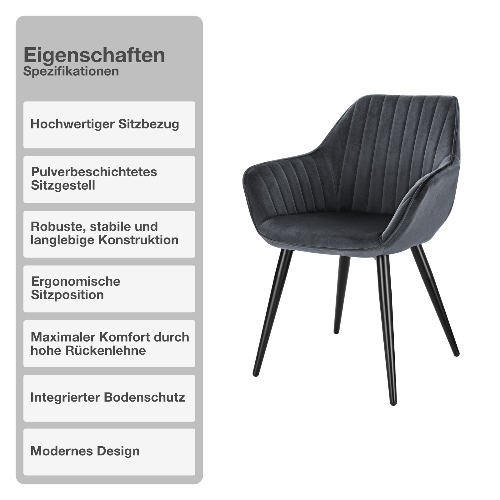 Wohn- und Esszimmerstuhl | 2 Stück | Samtbezug | Dunkelgrau | Küchenstuhl