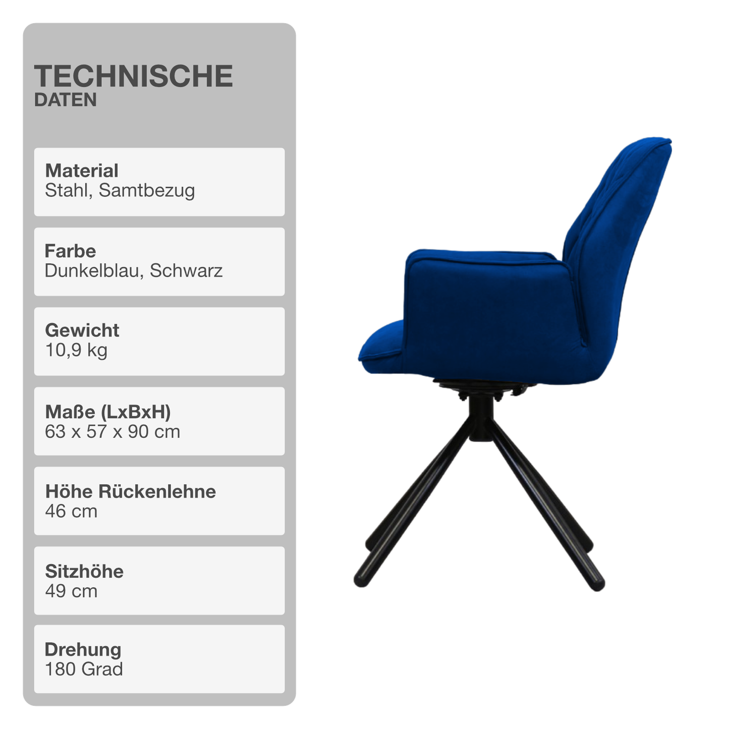 Wohn- und Esszimmerstuhl | Samt | Dunkelblau | 180 Grad | Drehbar | Sessel