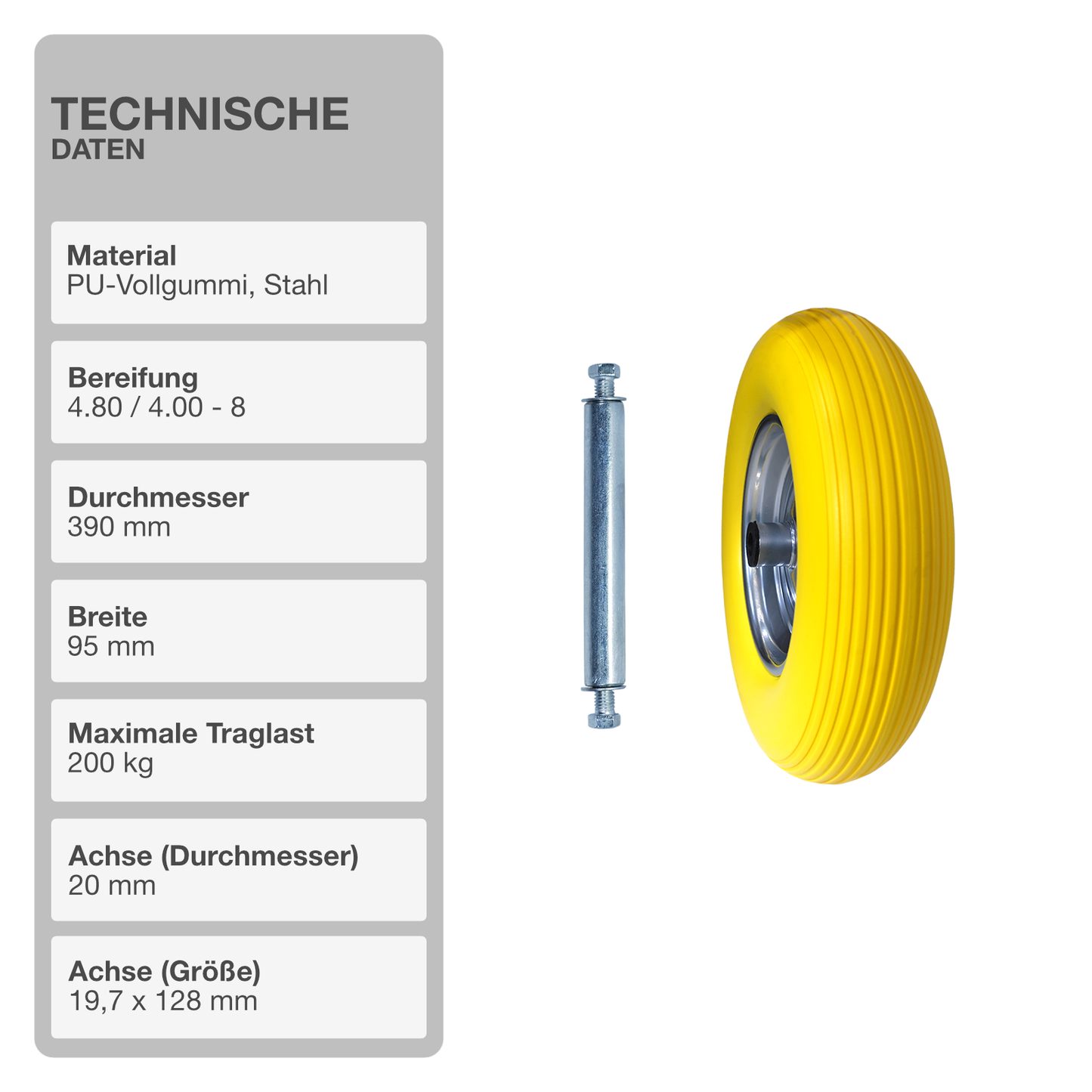 Schubkarrenrad mit Achse | Vollgummi | Gelb | 4.80/4.00-8 | Ersatzreifen