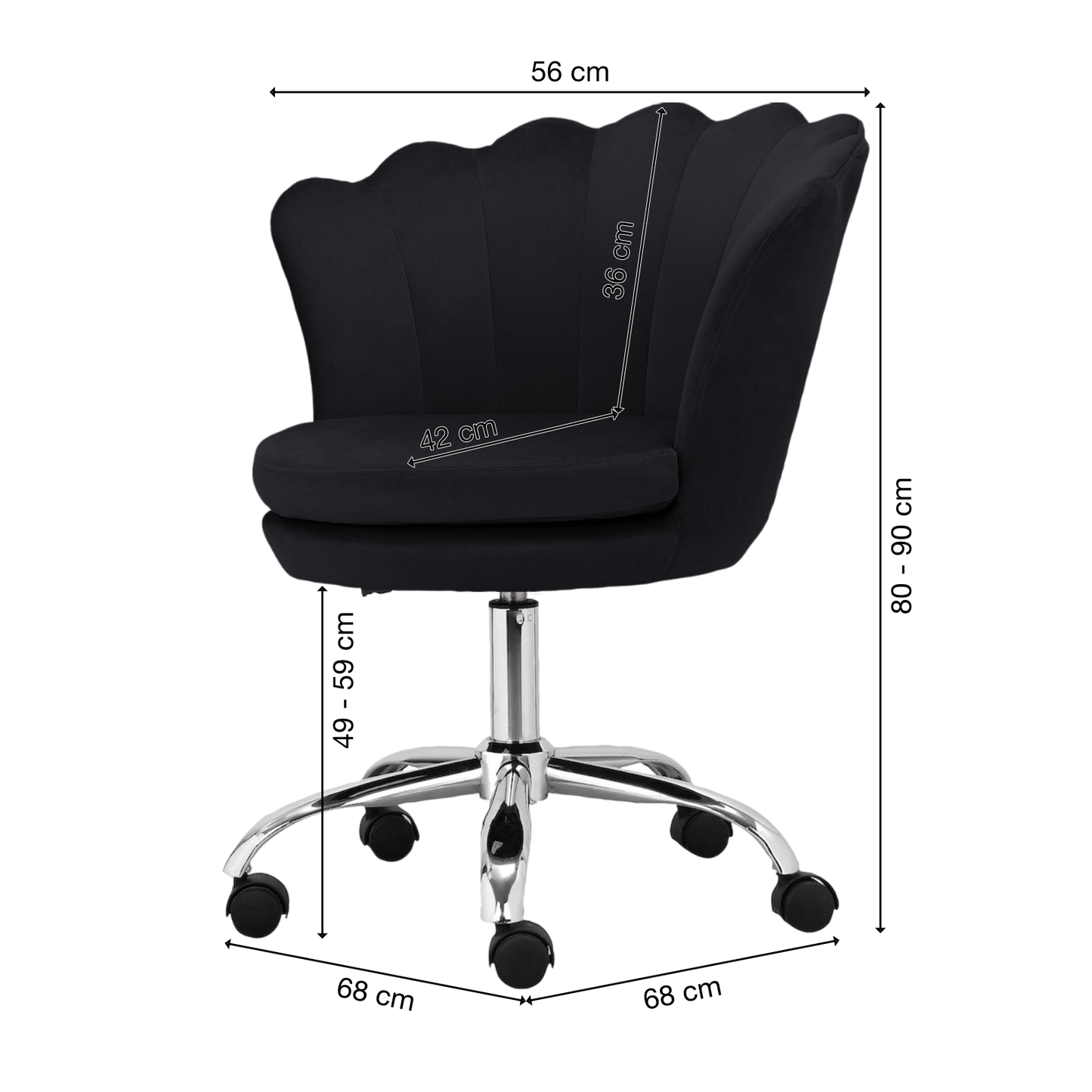 Bürostuhl | Samtbezug | Schwarz | 68x68cm | Rollen | Armlehnstuhl | Muschel