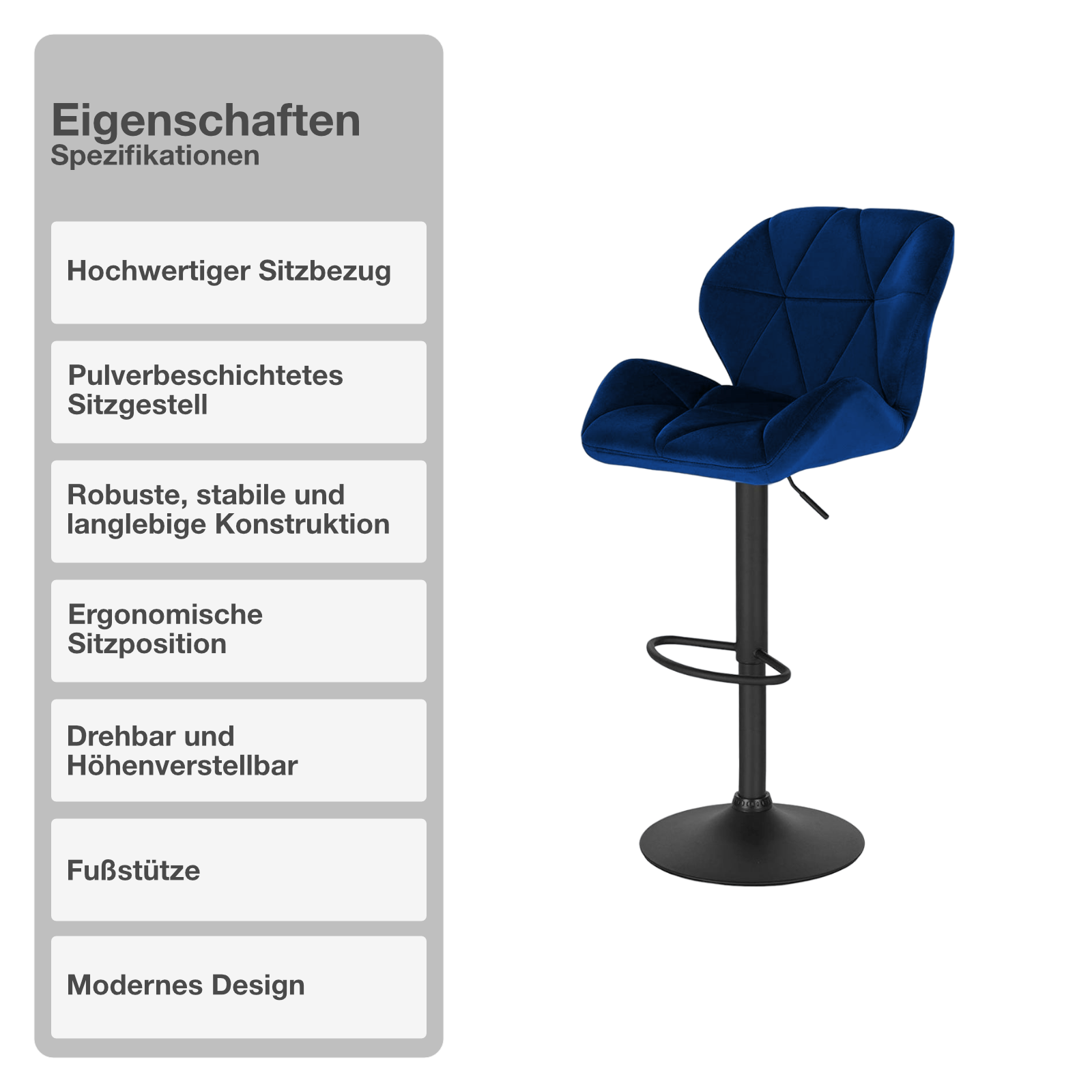 Barhocker | 2 Stück | Dunkelblau | Samtbezug | Drehbar | Höhenverstellbar