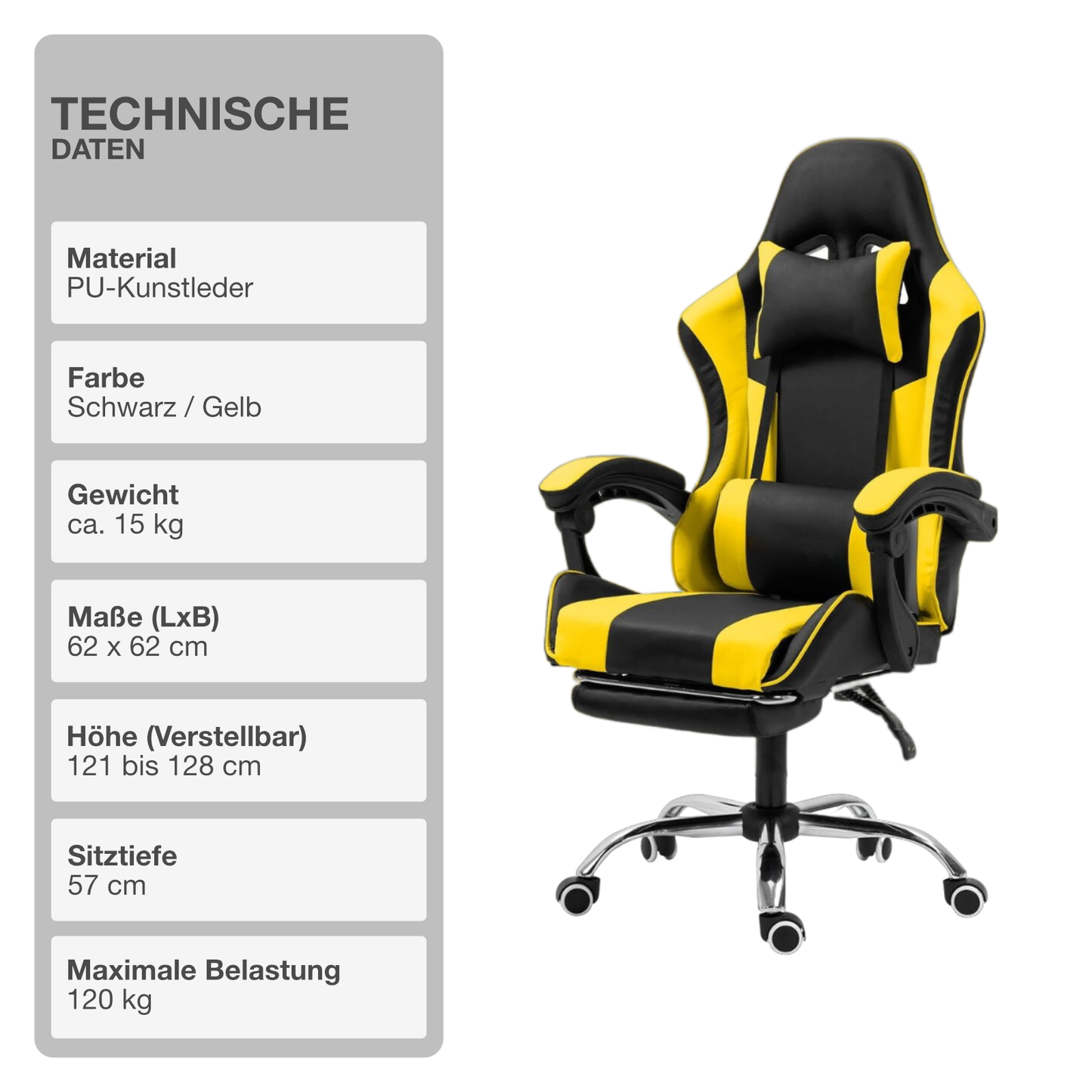 Gaming-Stuhl | Kunstleder | Gelb | 62x62cm | Rollen | Sessel | Fußablage