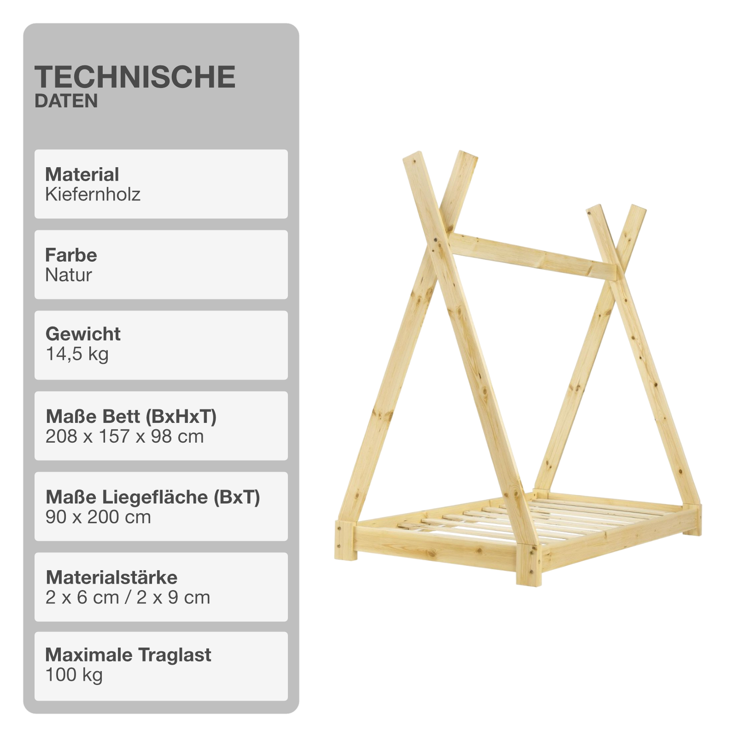 Kinderbett | Holz | Natur | 90x200cm | Tipi | Holzbett | mit Lattenrost