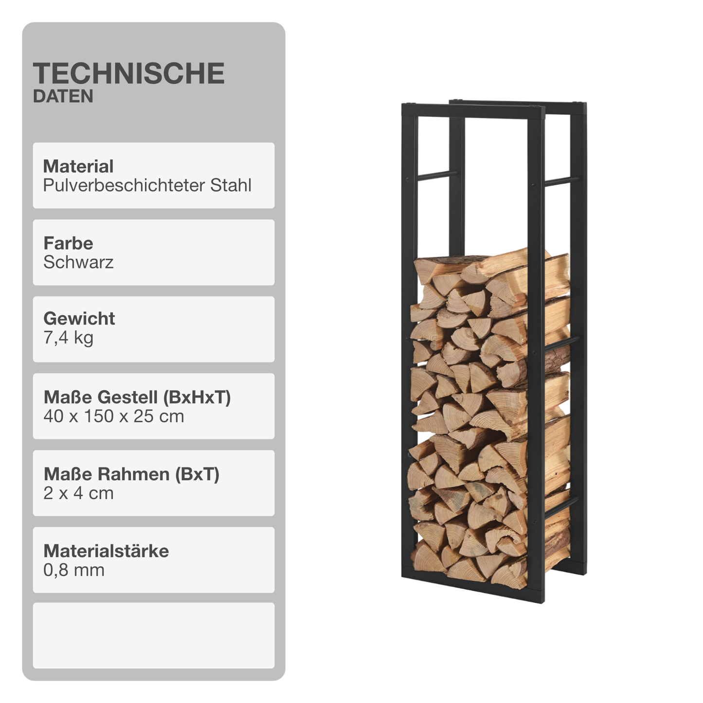 Kaminholzregal | Stahl | Schwarz | 40x150x25cm | Feuerholzregal | Brennholz