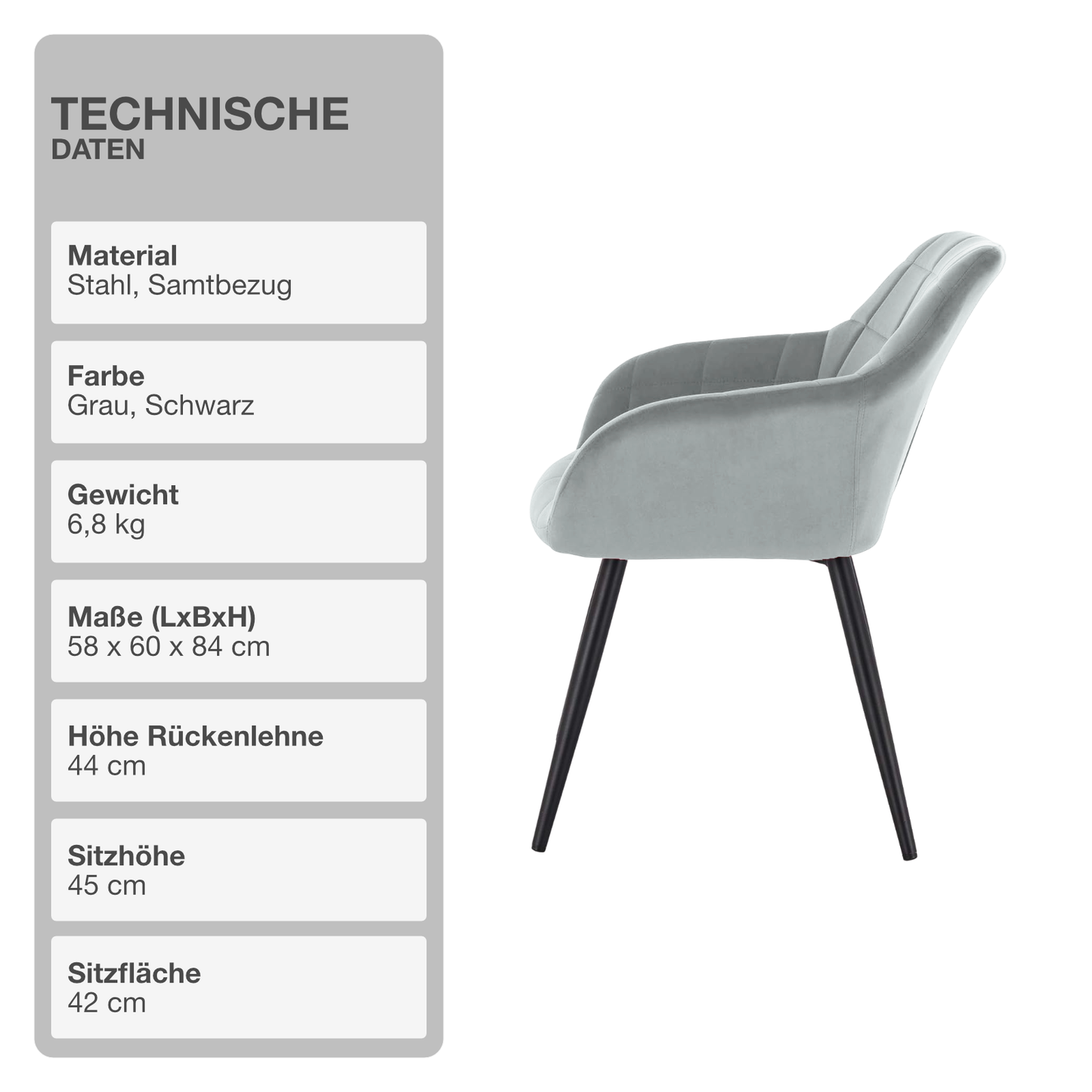 Wohn- und Esszimmerstuhl | 2 Stück | Mikrofaser | Samt | Grau | Sessel