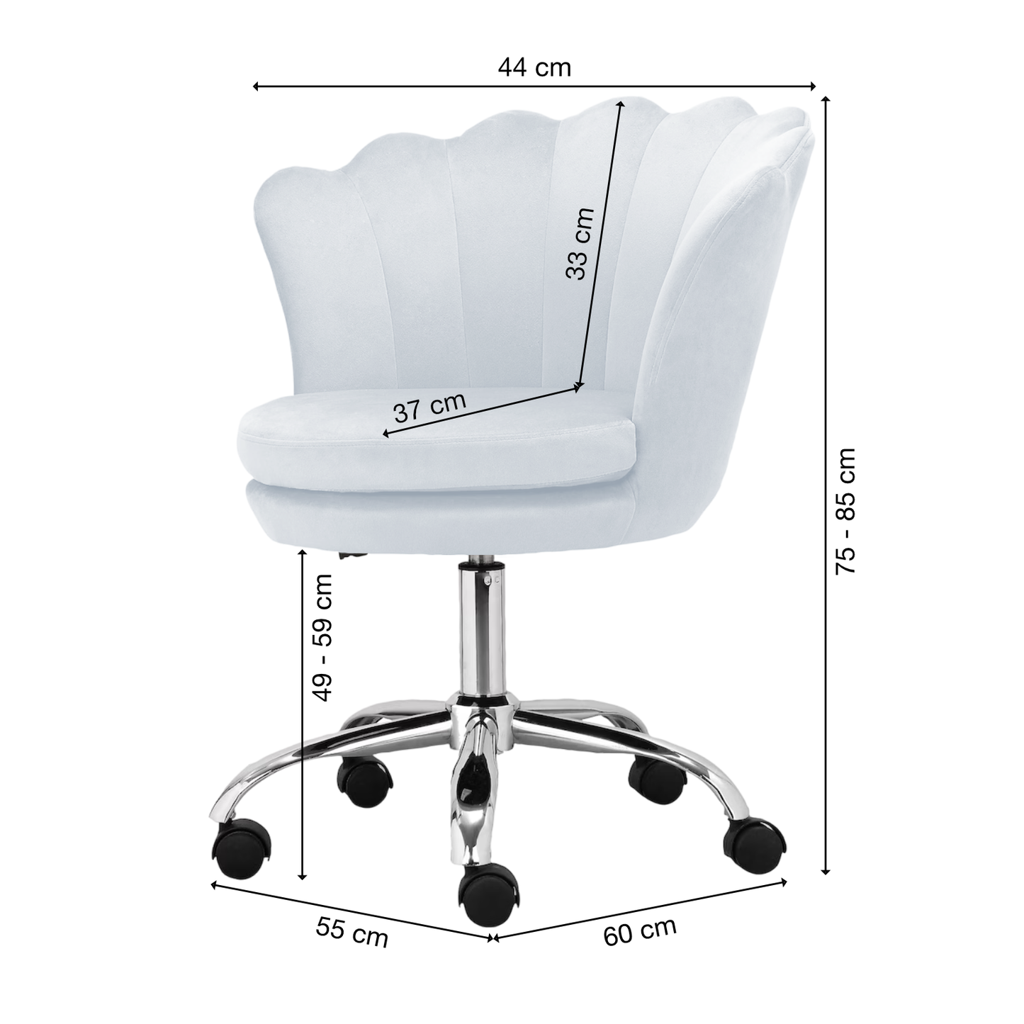 Bürostuhl | Samtbezug | Hellblau | 55x60cm | Rollen | Armlehnstuhl | Muschel