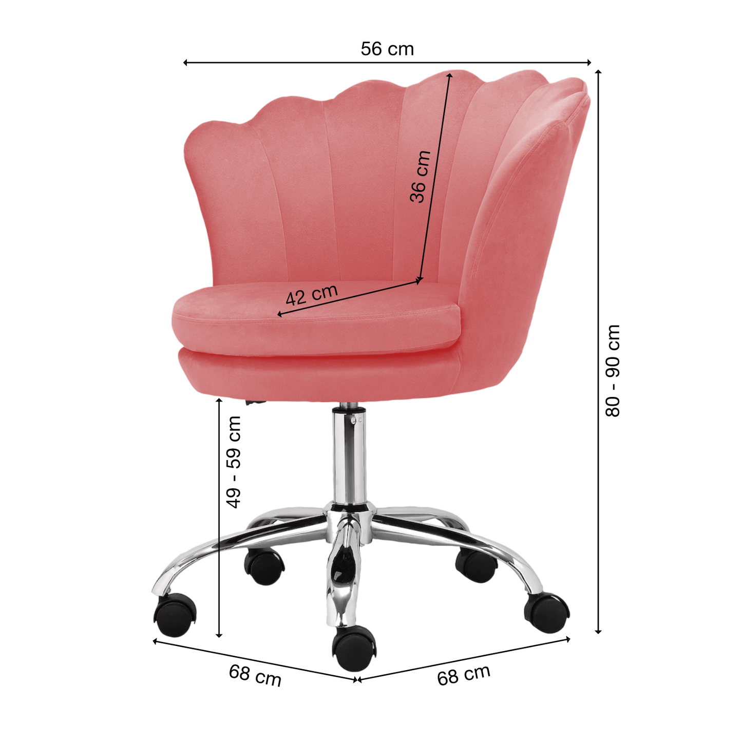 Bürostuhl | Samtbezug | Rosa | 68x68cm | Rollen | Armlehnstuhl | Muschel