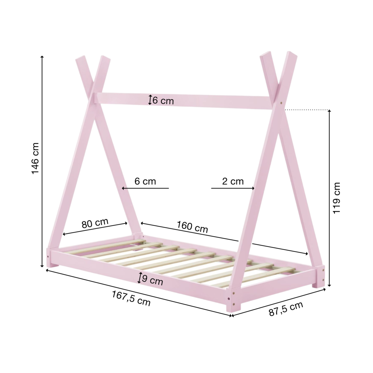 Kinderbett | Holz | Rosa | 80x160cm | Tipi | Holzbett | mit Lattenrost