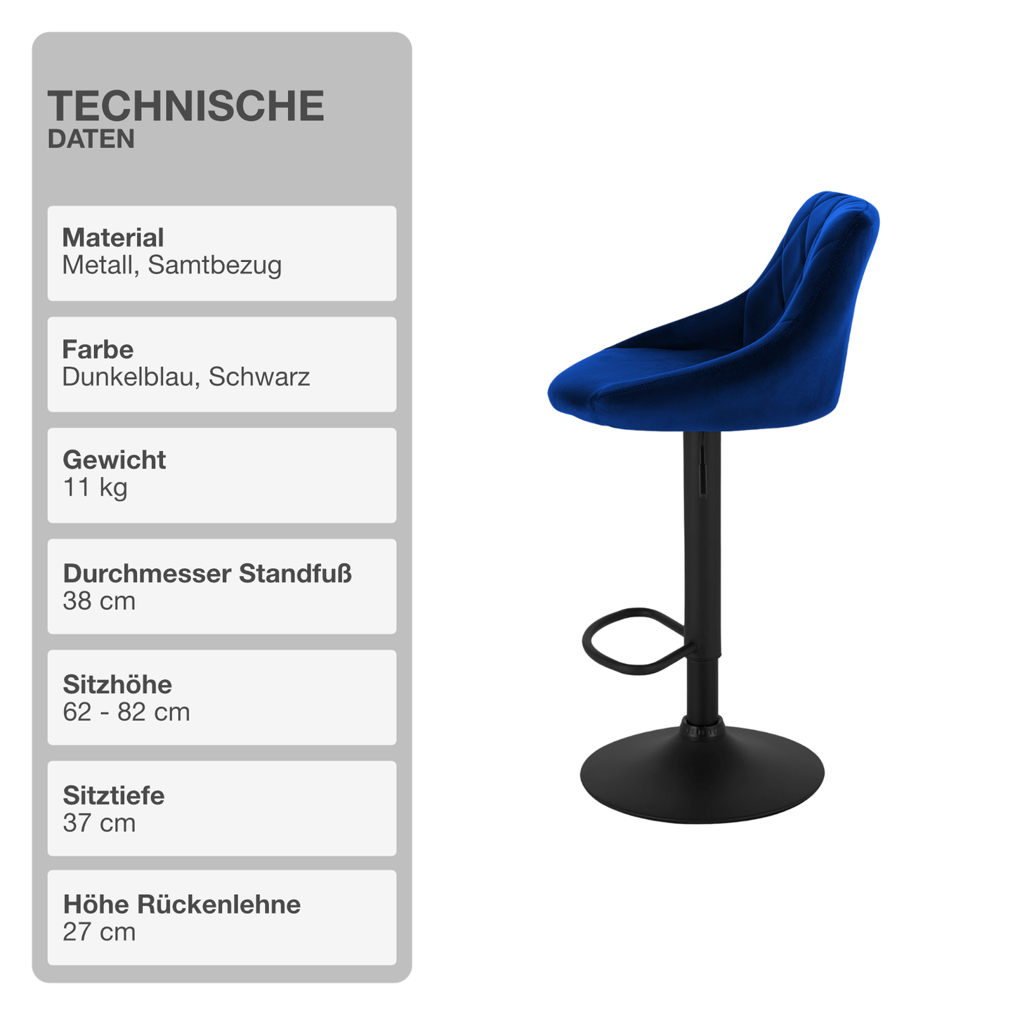 Barhocker | 2 Stück | Samtbezug | Dunkelblau | Drehbar | Höhenverstellbar