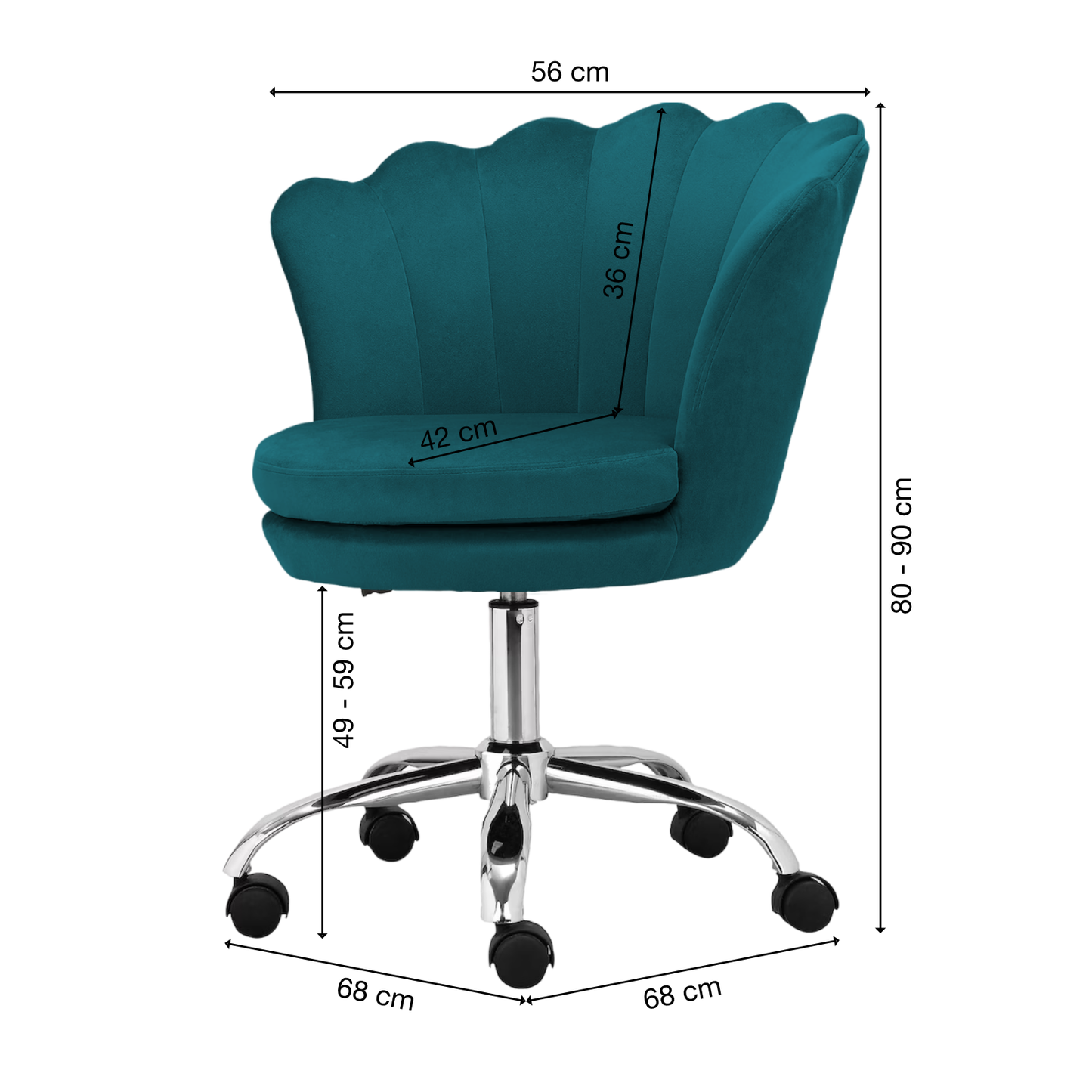 Bürostuhl | Samtbezug | Petrol | 68x68cm | Rollen | Armlehnstuhl | Muschel