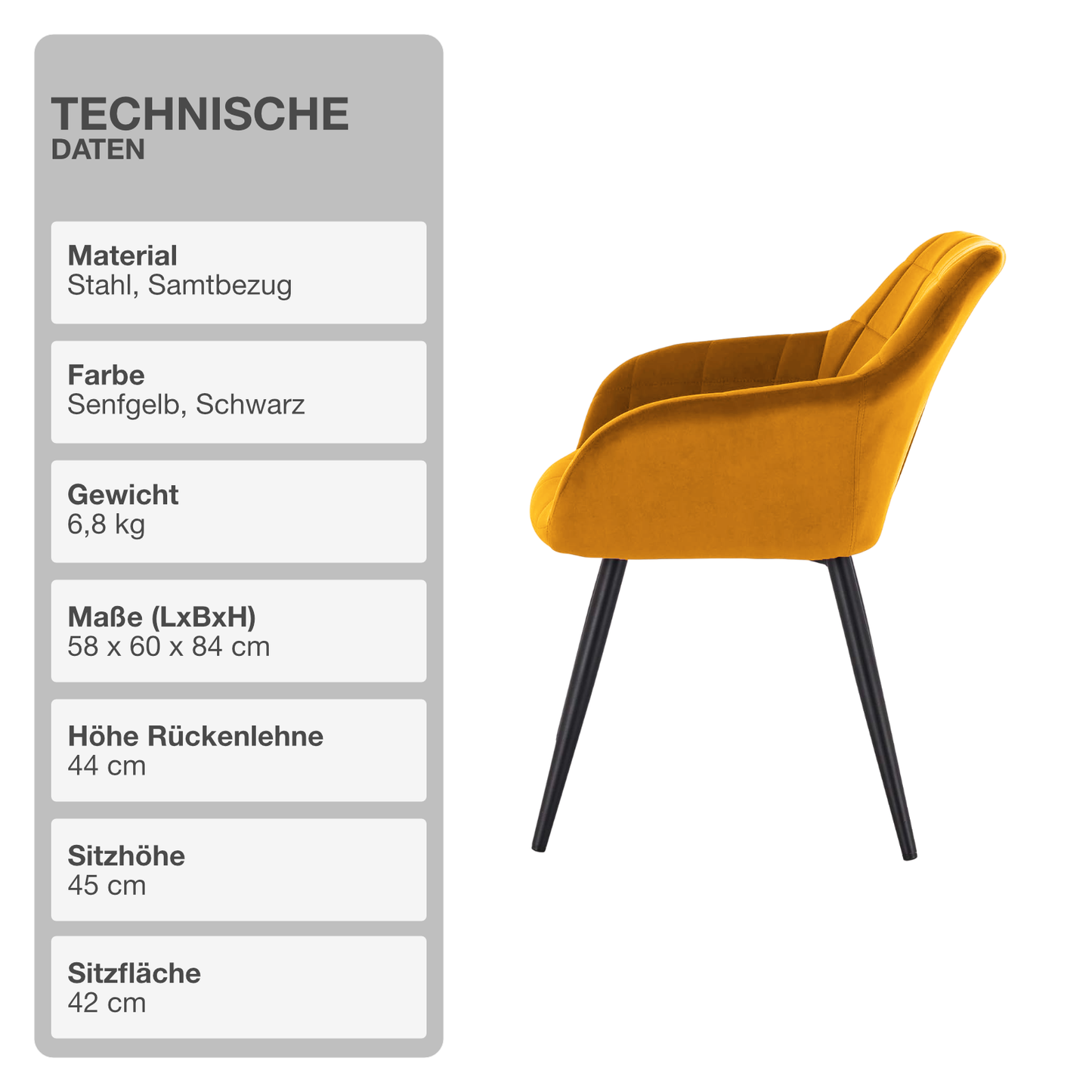 Wohn- und Esszimmerstuhl | 2 Stück | Mikrofaser | Samt | Senfgelb | Sessel