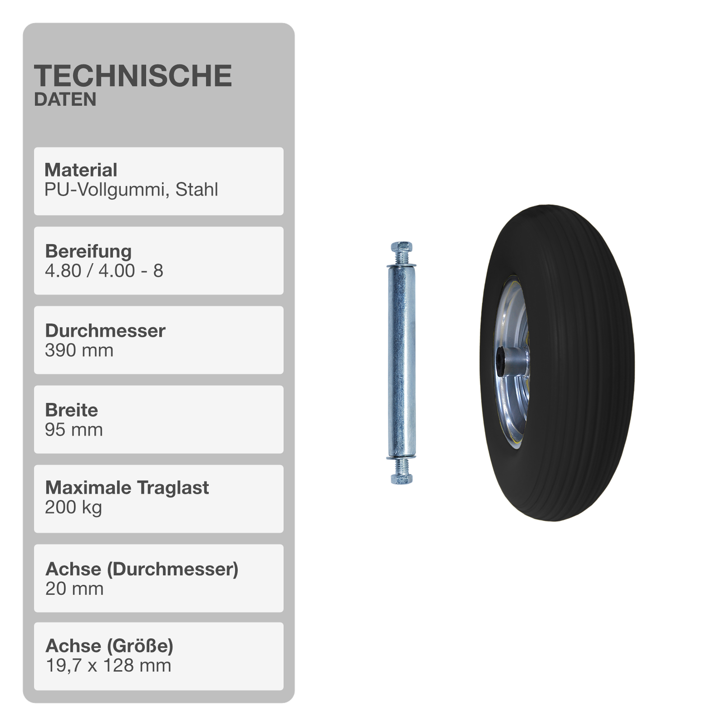 Schubkarrenrad mit Achse | Vollgummi | Schwarz | 4.80/4.00-8 | Ersatzreifen