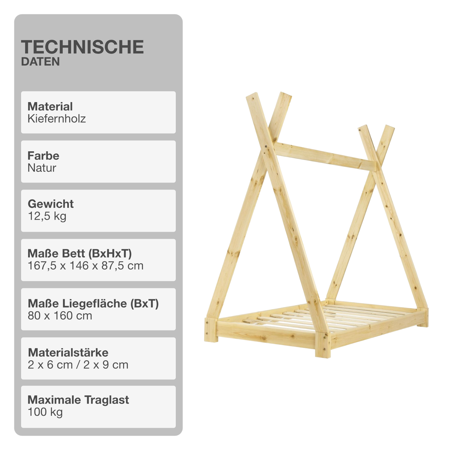 Kinderbett | Holz | Natur | 80x160cm | Tipi | Holzbett | mit Lattenrost