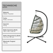 Hängeschaukel | Rattan-Optik | Khaki | Hängekorb | Hängesessel | Kissen