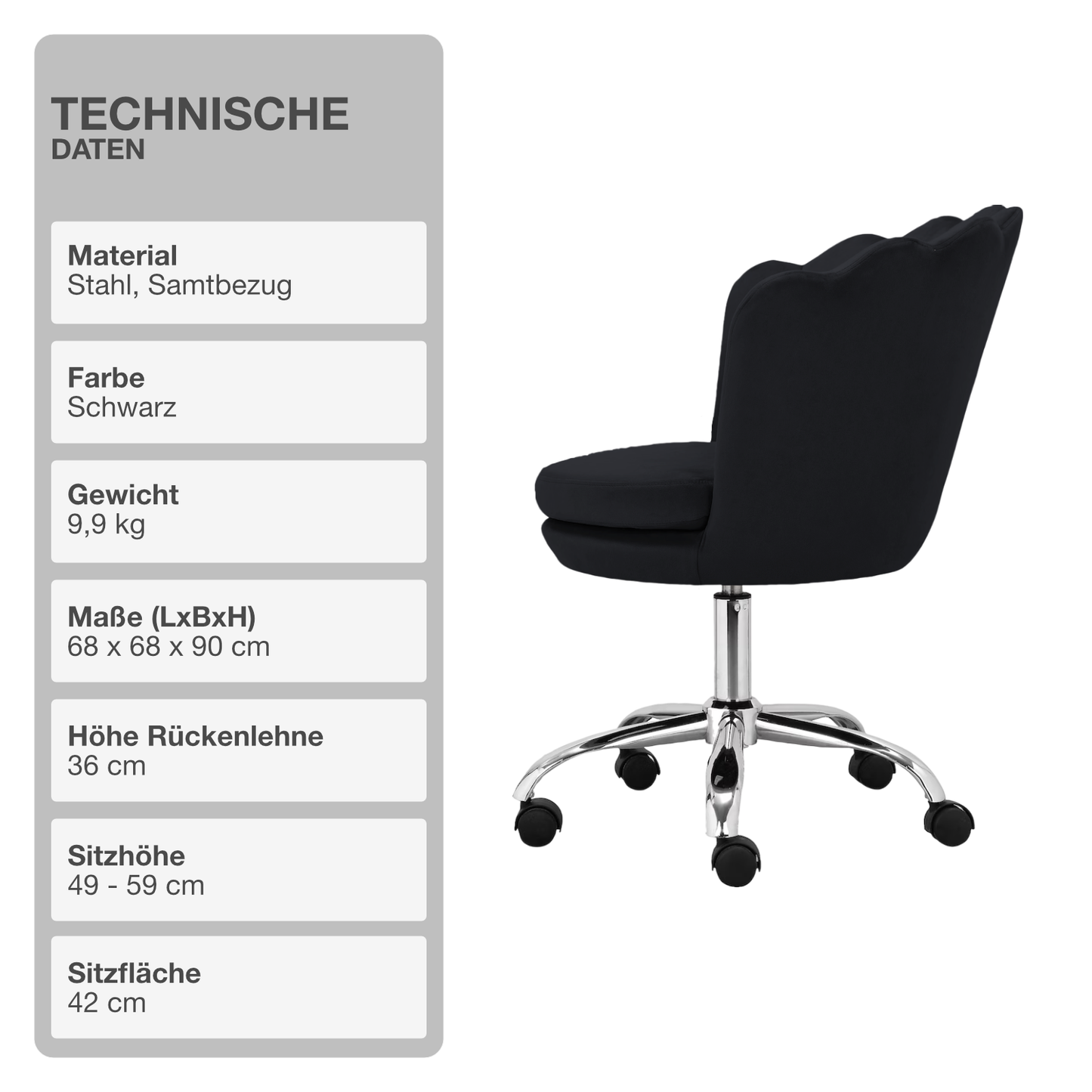 Bürostuhl | Samtbezug | Schwarz | 68x68cm | Rollen | Armlehnstuhl | Muschel