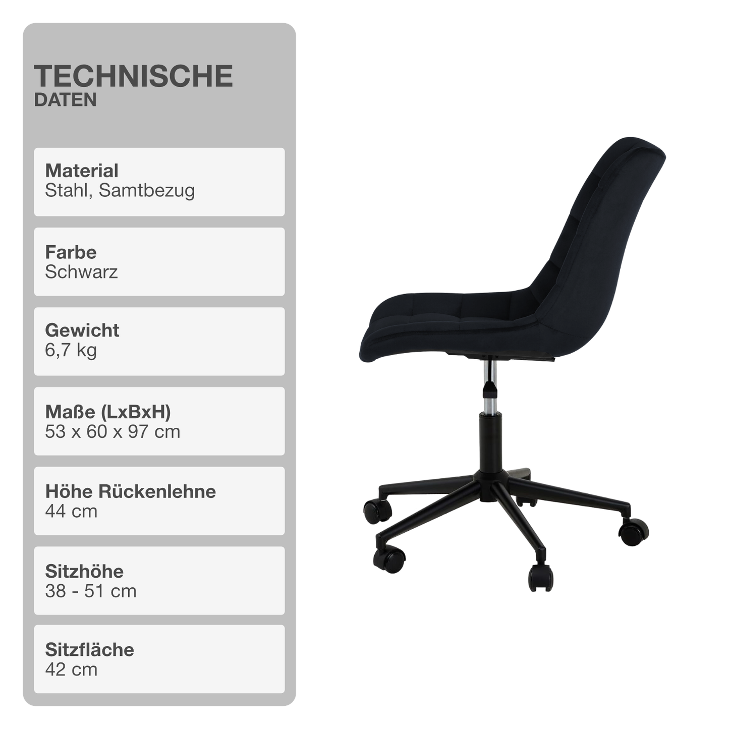 Bürostuhl | Samtbezug | Schwarz | 53x60cm | Rollen | Schreibtischstuhl