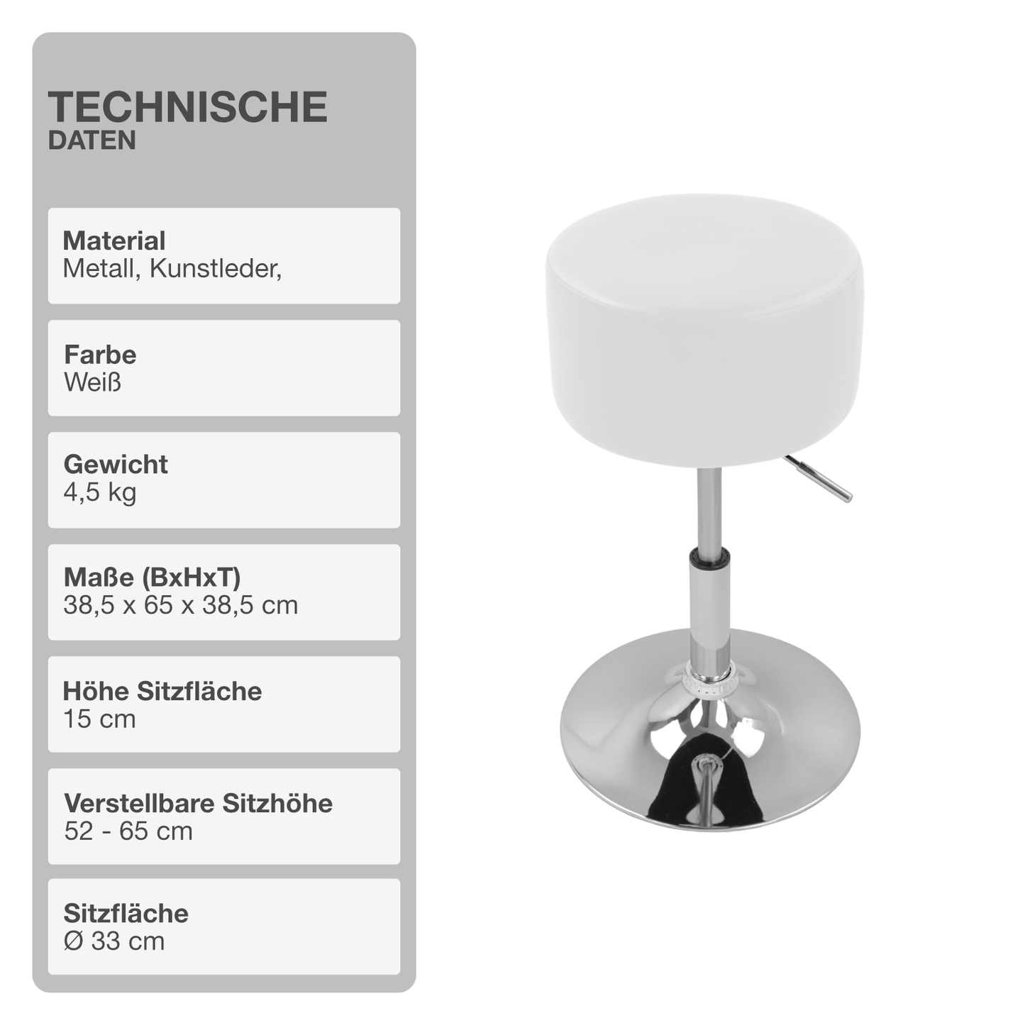 Barhocker | Kunstleder | Weiß | ø 33cm | Drehbar | Höhenverstellbar