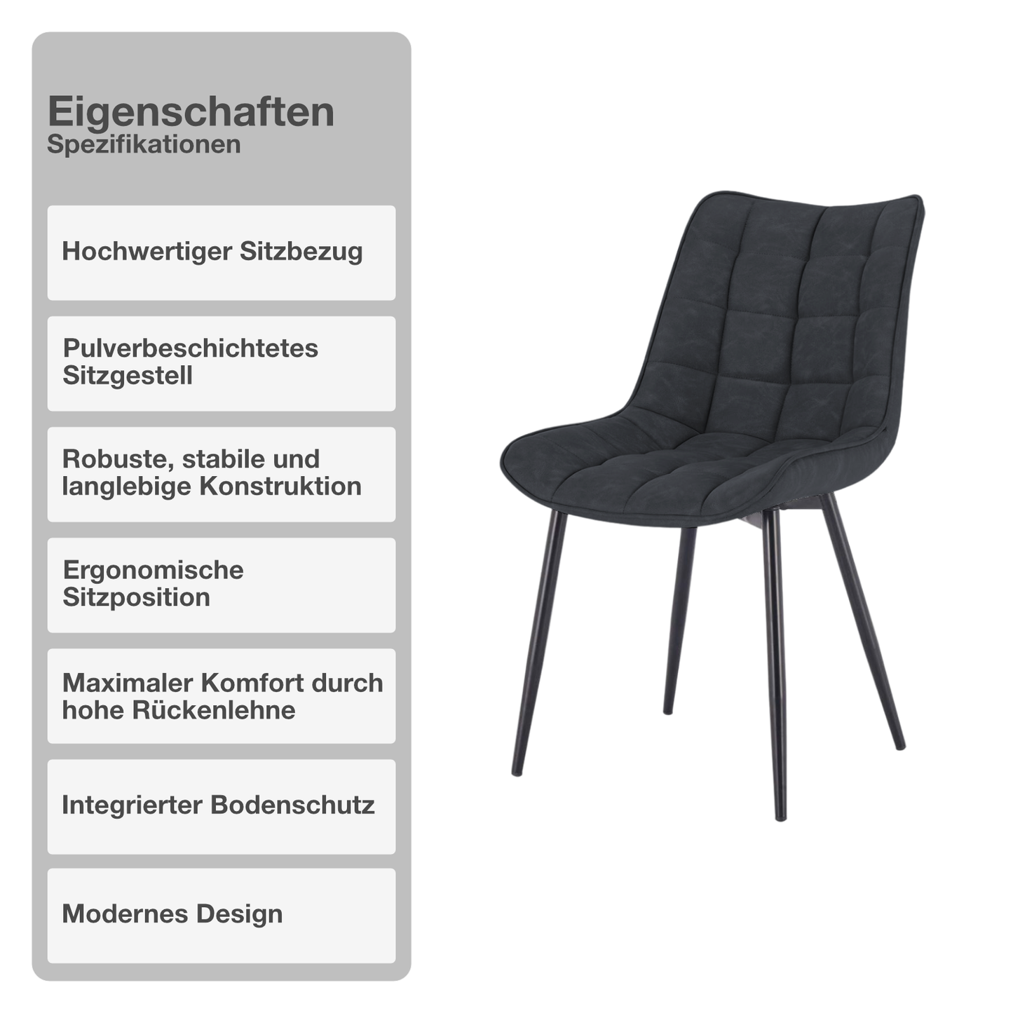 Wohn- und Esszimmerstuhl | 2 Stück | Samtbezug | Dunkelgrau | Küchenstuhl