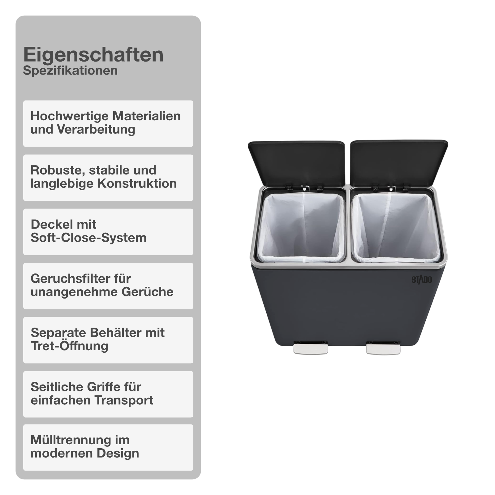 Mülltrennsystem | Anthrazit | 2x30L | Abfalleimer | Mülltrenner | Mülleimer