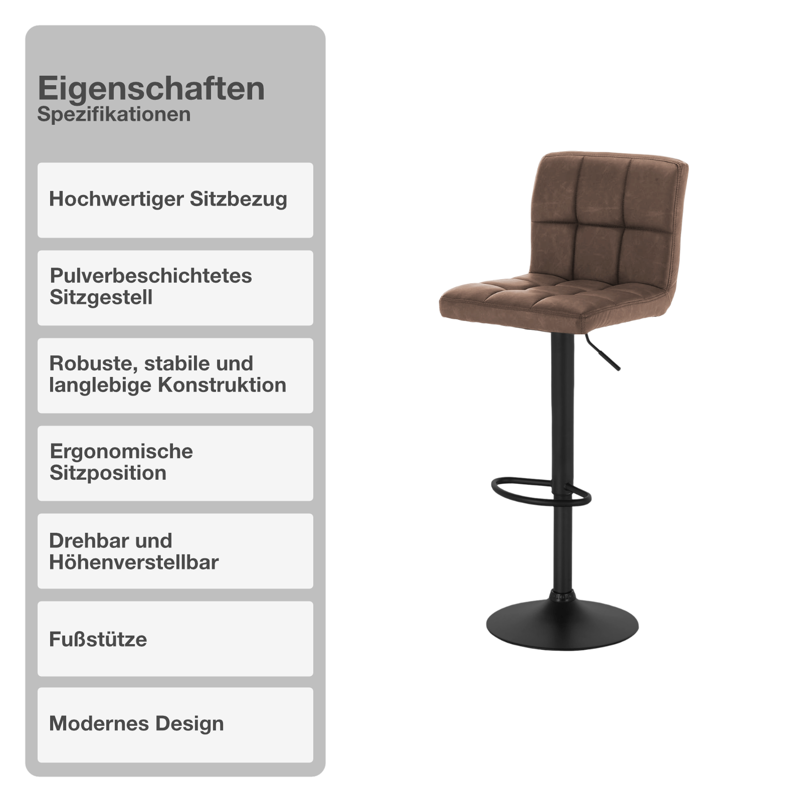 Barhocker | 2 Stück | Braun | Kunstleder | Drehbar | Höhenverstellbar