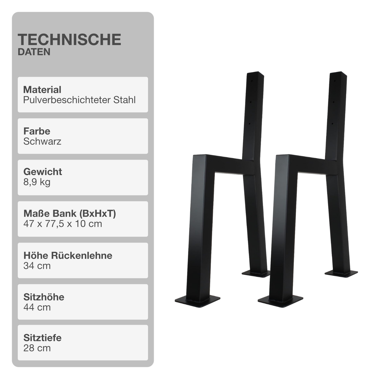 Bankgestell | Rückenlehne | Schwarz | Stahl | 47x77,5cm | 2 Stück | Sitzbank