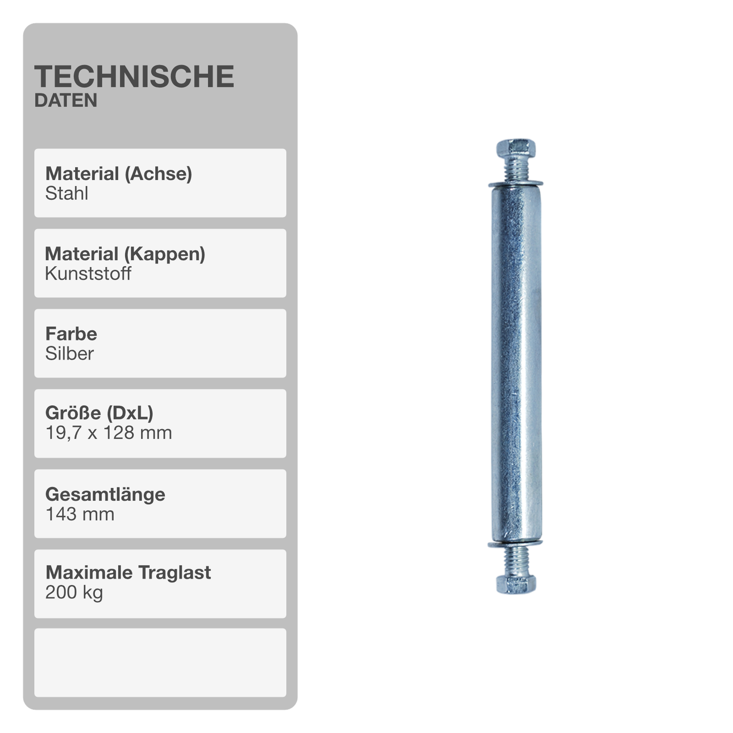 Achse für Schubkarrenrad | Stahl | 19,7x128mm | Felge | Ersatzreifen | 200kg