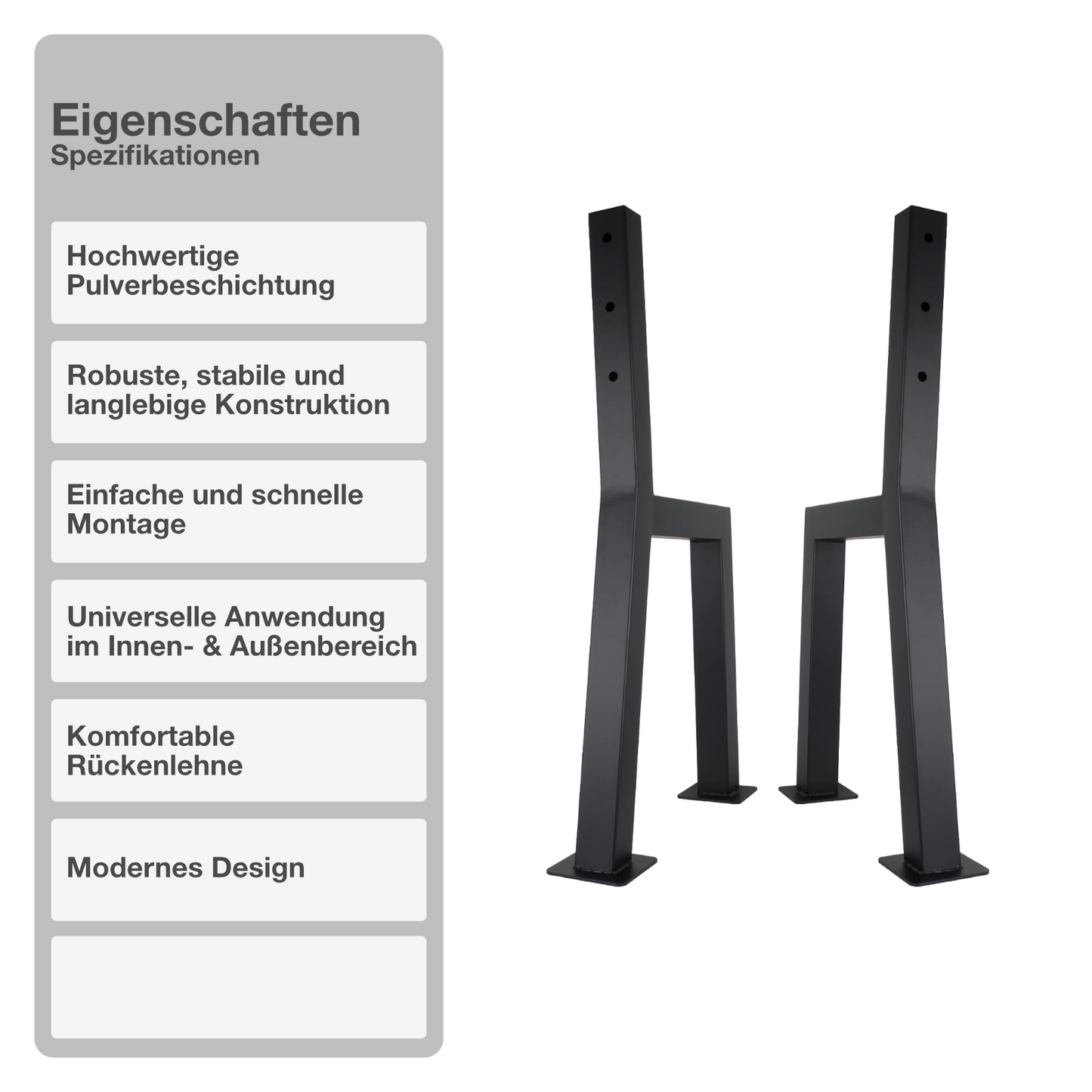 Bankgestell | Rückenlehne | Schwarz | Stahl | 47x77,5cm | 2 Stück | Sitzbank