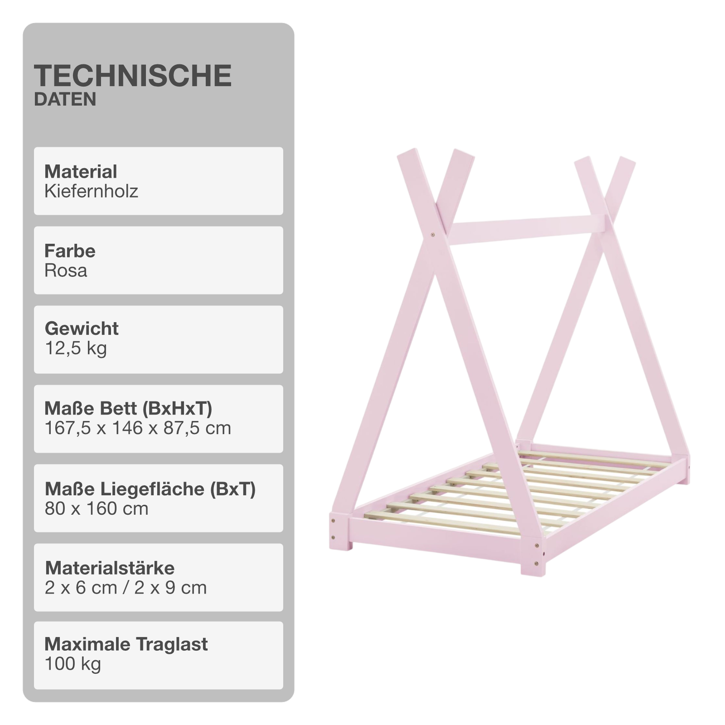 Kinderbett | Holz | Rosa | 80x160cm | Tipi | Holzbett | mit Lattenrost