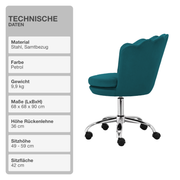 Bürostuhl | Samtbezug | Petrol | 68x68cm | Rollen | Armlehnstuhl | Muschel