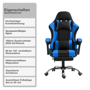Gaming-Stuhl | Kunstleder | Blau | 62x62cm | Rollen | Sessel | Fußablage