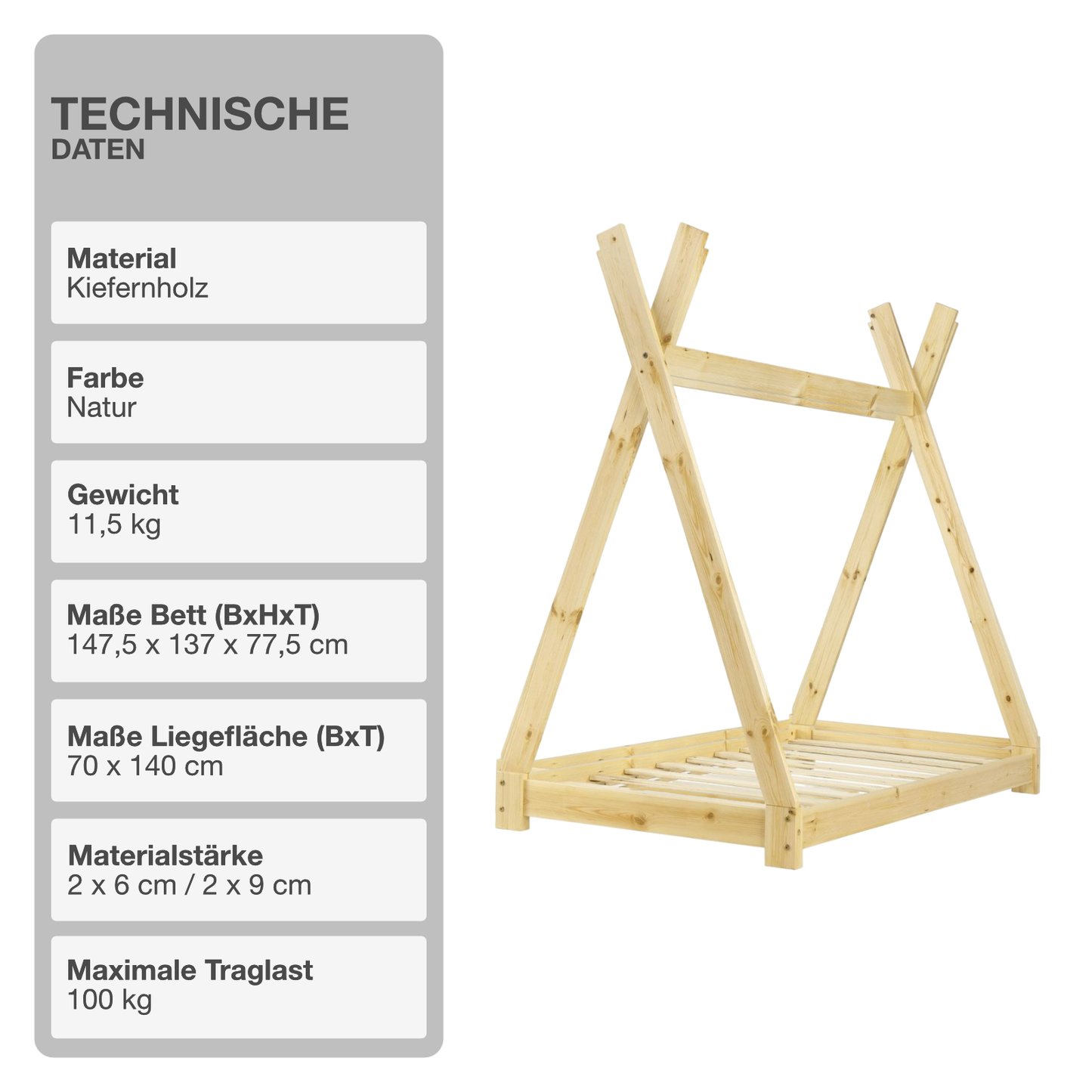 Kinderbett | Holz | Natur | 70x140cm | Tipi | Holzbett | mit Lattenrost