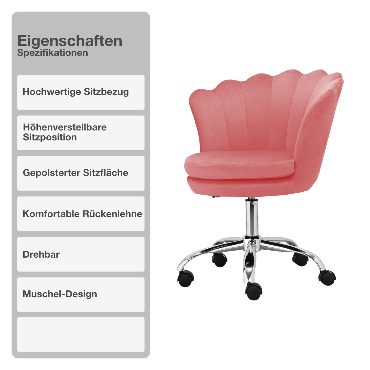 Bürostuhl | Samtbezug | Rosa | 68x68cm | Rollen | Armlehnstuhl | Muschel