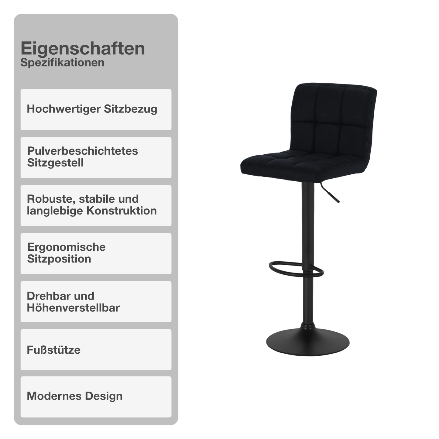 Barhocker | 2 Stück | Schwarz | Samtbezug | Drehbar | Höhenverstellbar