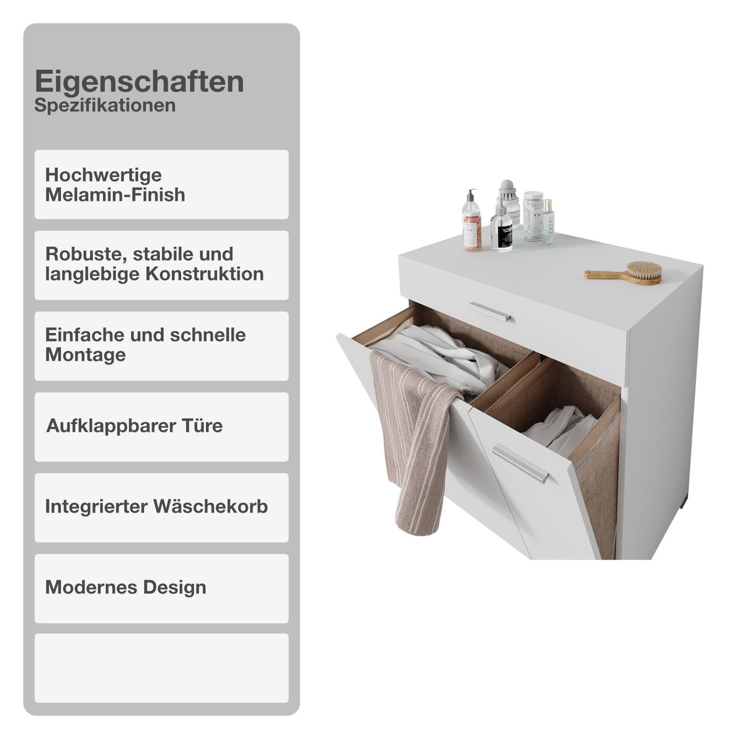 Wäscheschrank | Weiß | 75x78,5x45cm | Wäschekorb | Badmöbel | Wäschesammler