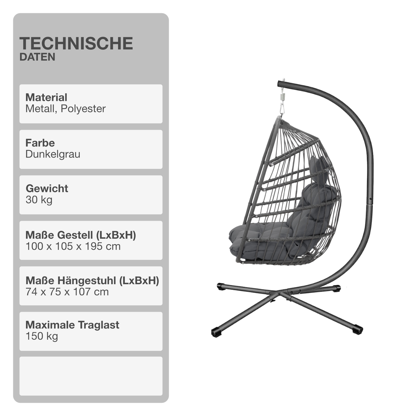 Hängeschaukel | Rattan-Optik | Dunkelgrau | Hängekorb | Hängesessel | Kissen