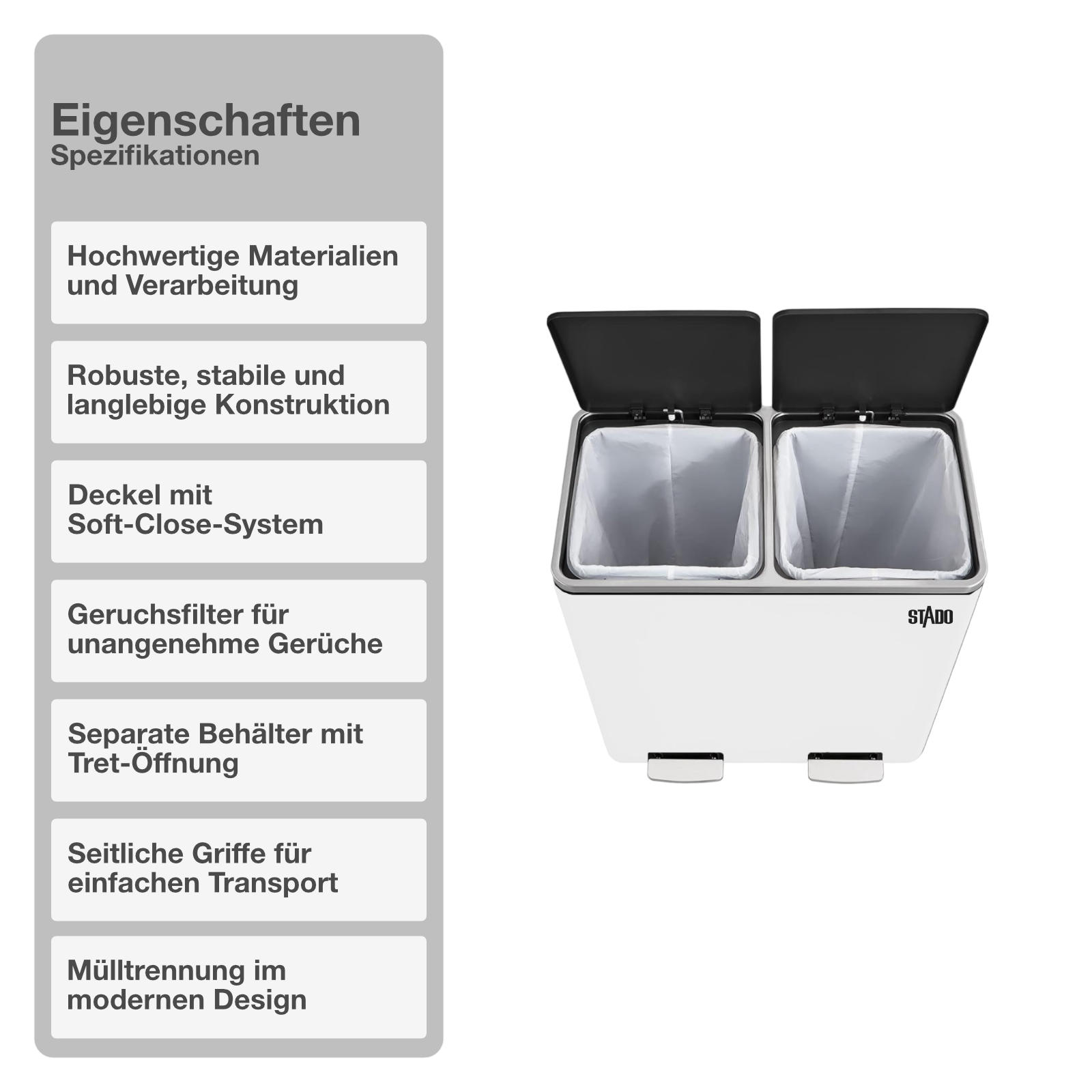 Mülltrennsystem | Weiß | 2x30L | Abfalleimer | Mülltrenner | Mülleimer