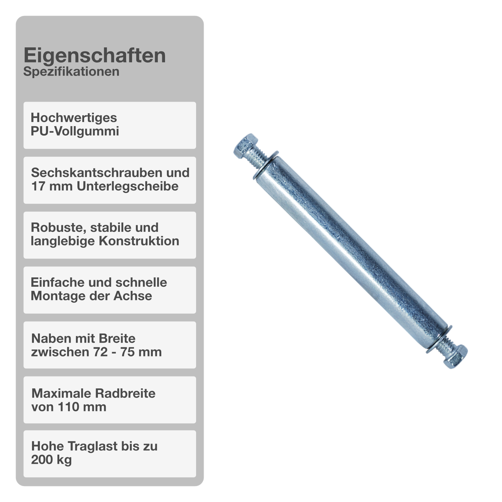 Achse für Schubkarrenrad | Stahl | 19,7x128mm | Felge | Ersatzreifen | 200kg