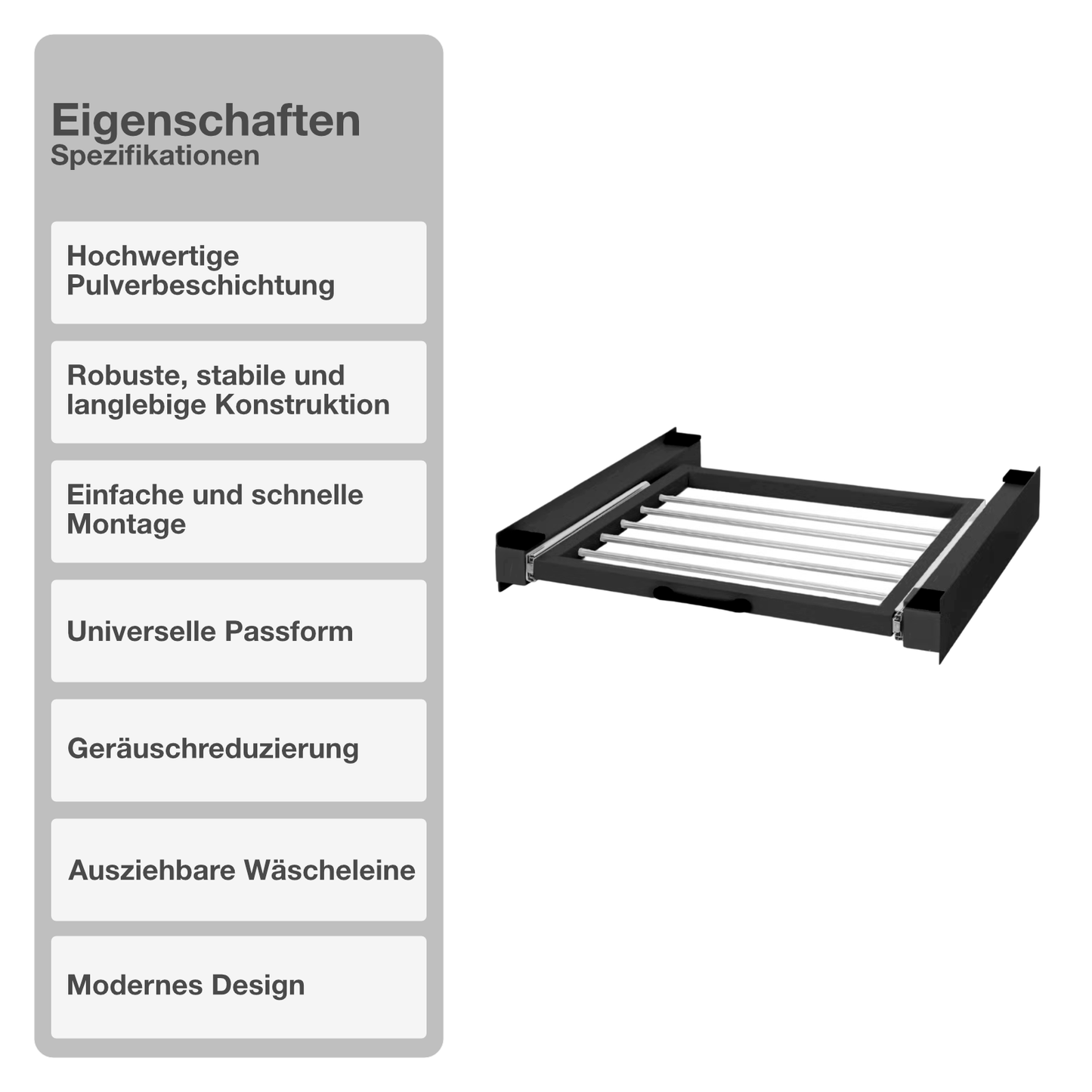 Zwischenbaurahmen | Ausziehbar | Schwarz | Wäscheleine | Waschmaschinenturm