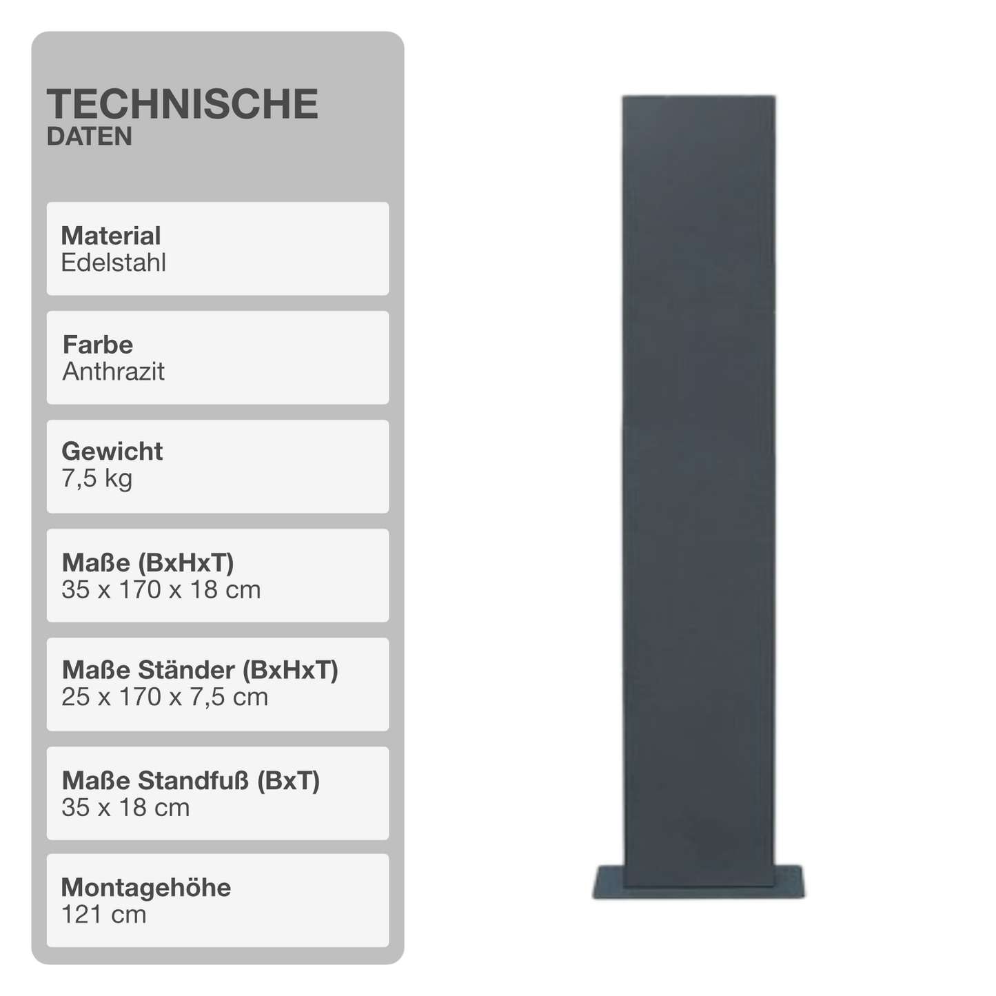 Briefkastenhalterung | Edelstahl | Anthrazit | 35x170x18cm | Standfuß | Eckig